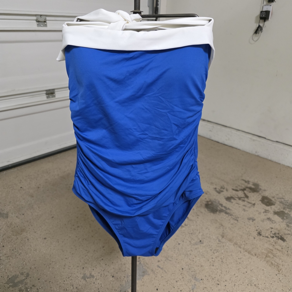 Ralph Lauren Blue One-Piece Swimsuit with White Fold-Over Band